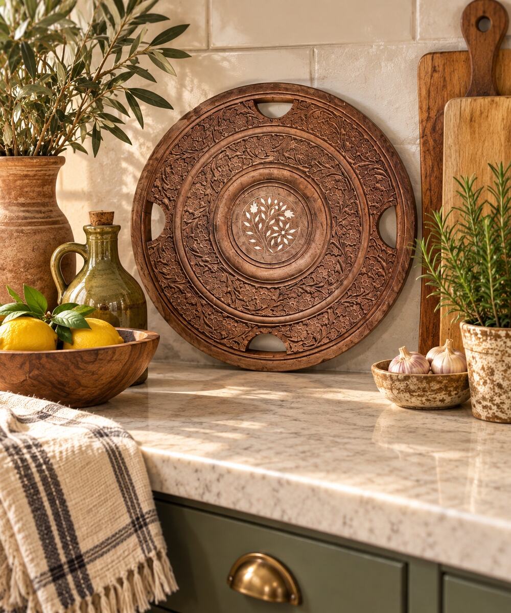 Carved Wood Tray with Inlaid Mother of Pearl Flowers 14.5"